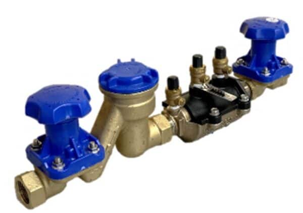 Acuflo Gunmetal Manifold with Blanking Cap Incorporating Top Entry Line Strainer, Diaphragm Isolating Valve, Fitted with Wilkins DCV Backflow Preventer and Downstream Isolating Valve